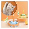 Cat playing with a feather turntable toy indoors