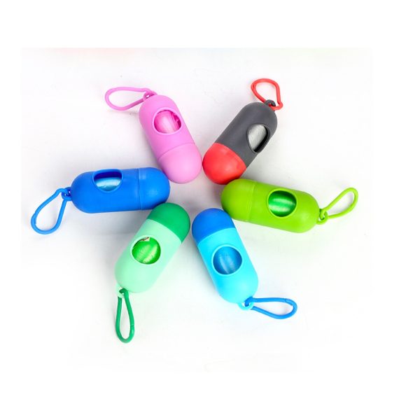 Dog poop waste bag holders and rolls on a white background