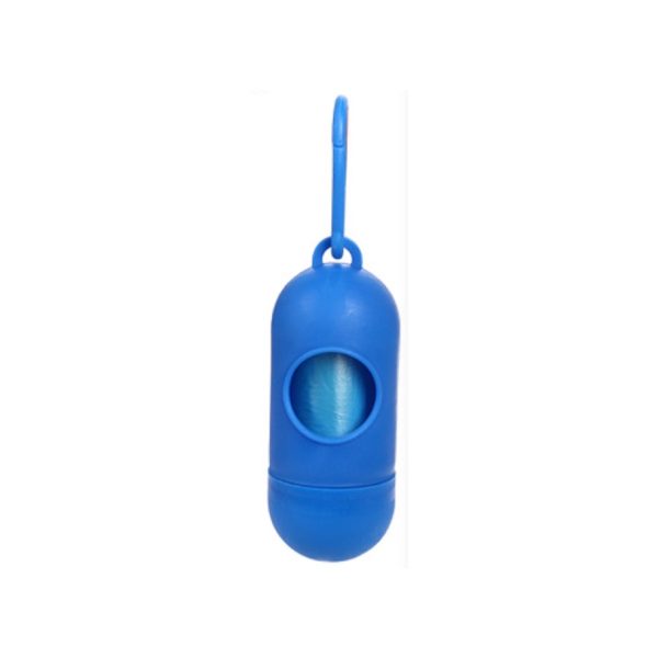 Blue dog waste bag holder shown on a white background