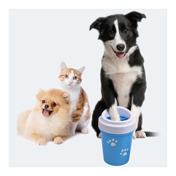 Silicone Dog Paw Cleaner Cup - Indoor scene Dog paw being cleaned with a silicone paw cleaner cup